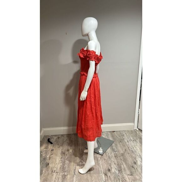 SEA Frida Red Ruffled Off-the-Shoulder Midi Dress Size Small - Picture 9 of 12